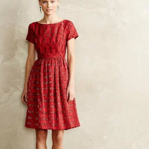 Anthropologie By Moulinette Soeurs Boat Neck Rubied Lace Dress Red Size Small - Picture 1 of 12